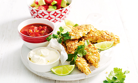 Tortilla-crumbed chicken and tomato salsa