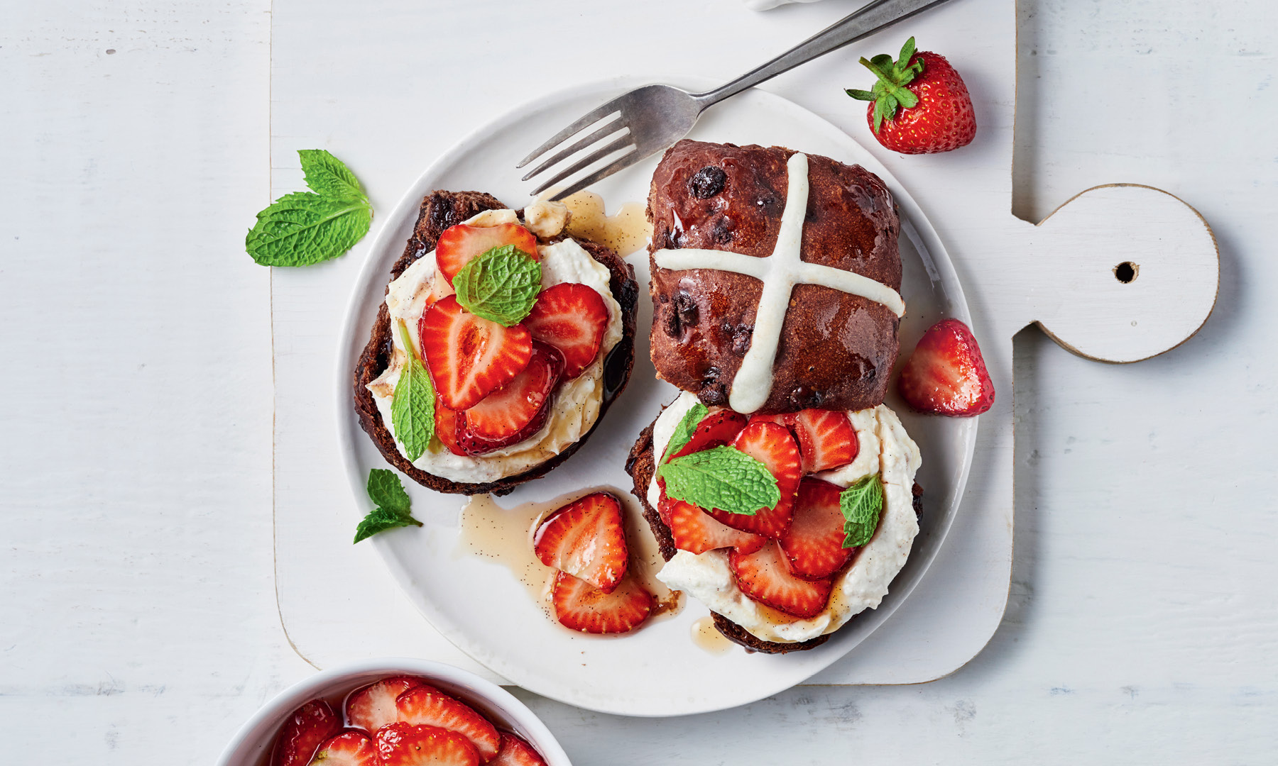 Hot cross buns with strawberries