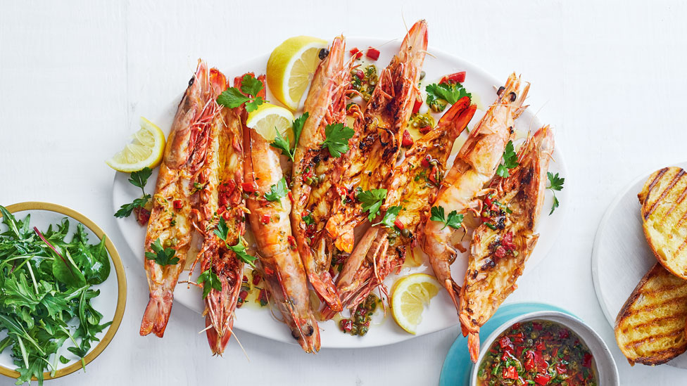 BBQ prawns with lemon and caper dressing