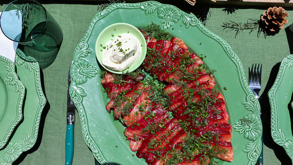 A plate of cured beetroot and gin salmon served with a mayo