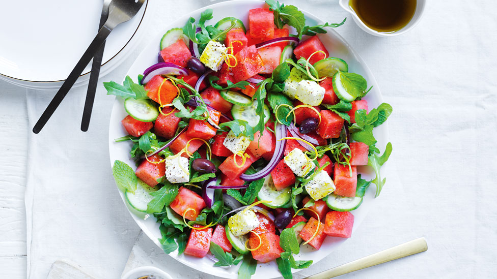 Fetta, watermelon and cucumber salad all in one plate