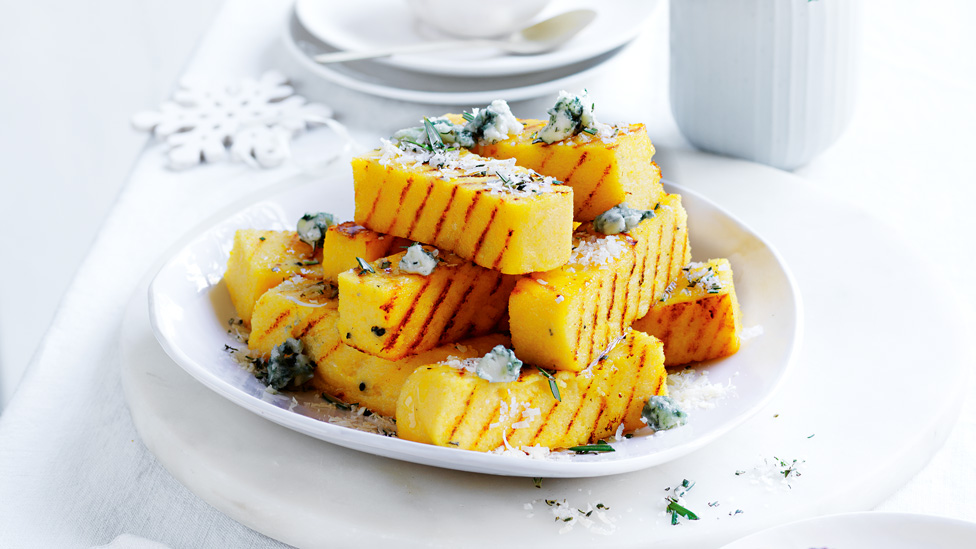 Stacks of parmesan and blue cheese polenta chips