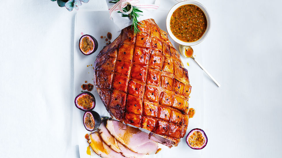 Palm sugar glazed and carved Christmas ham with passionfruit