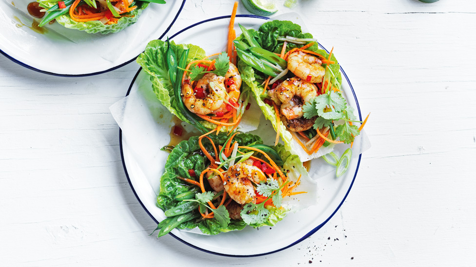 3 lettuce cups filled with prawn san choy bow mix