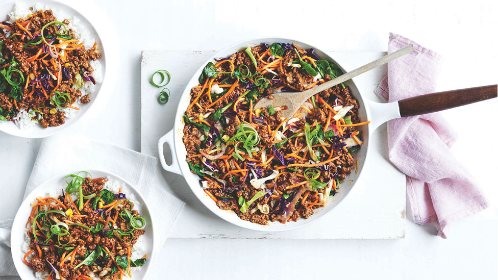 3 bowls of teriyaki beef mince stir fry with vegetables