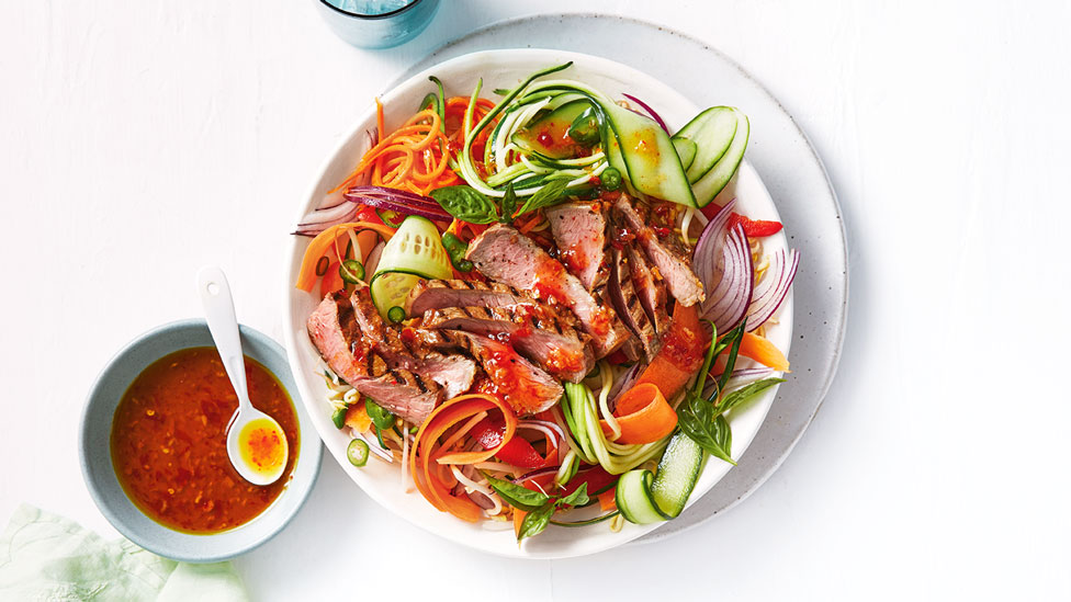 Thai beef zoodle salad served with sweet chilli sauce