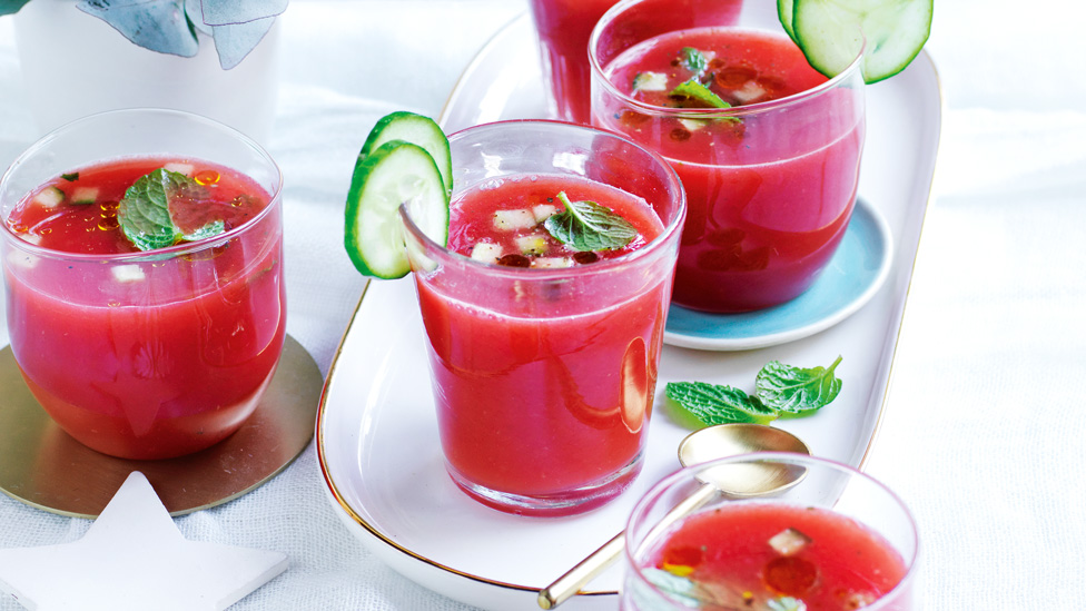 Three tomato and watermelon gazpacho shots