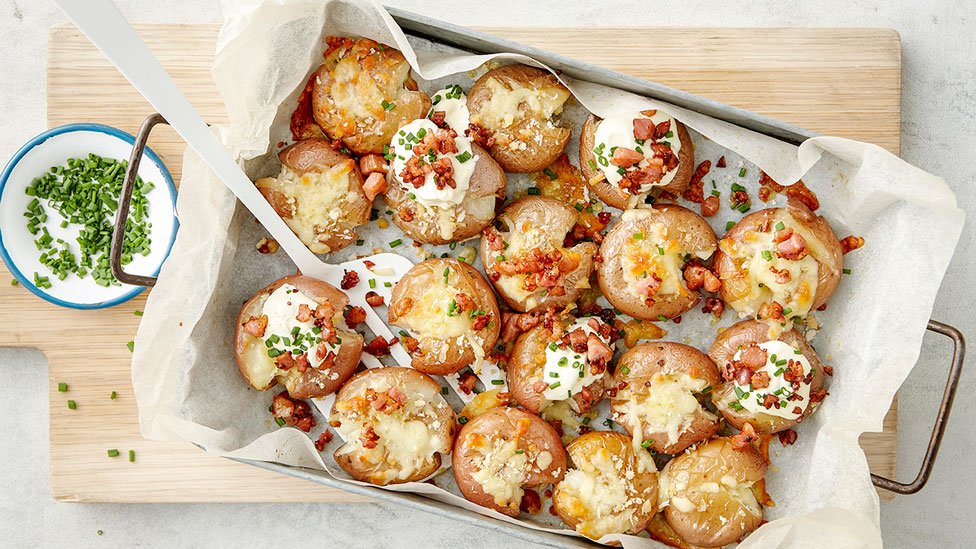 15 crispy smashed potatoes topped with cheese, bacon crumb and sour cream