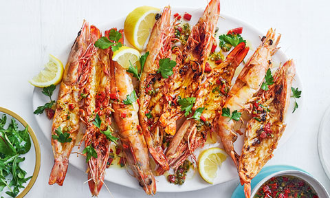 BBQ prawns with lemon and caper dressing