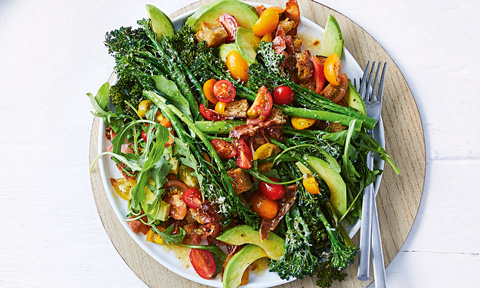 Broccolini salad with tomatoes and avocado, served with parmesan and pancetta