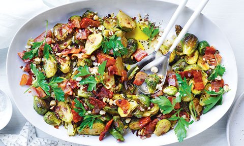 Caramelised brussels sprouts with bacon and hazelnut
