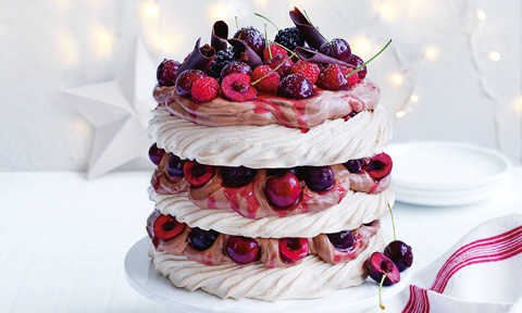 Three layers choc-cherry pavlova stack