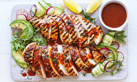 Thickly sliced chicken breast with tangy orange-thyme marinade