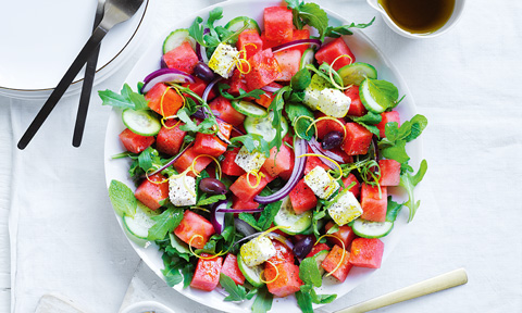 Fetta, watermelon and cucumber salad all in one plate