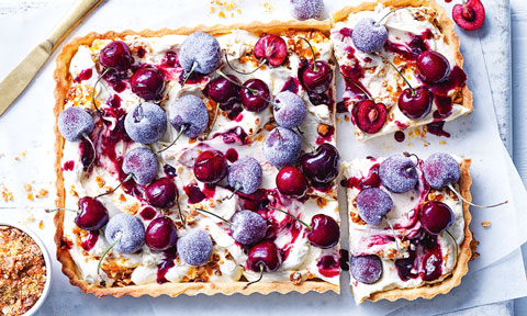 Mascarpone cherry tart cut into pieces