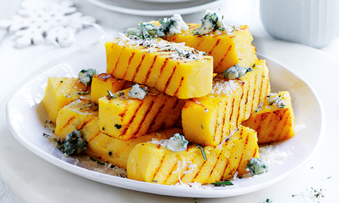 Stacks of parmesan and blue cheese polenta chips