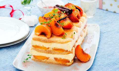 Poached peach and mascarpone fridge cake