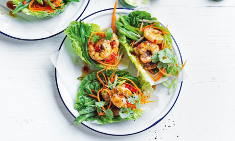 3 lettuce cups filled with prawn san choy bow mix