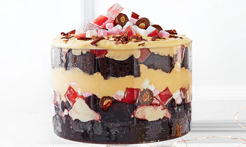 Rocky road trifle with marshmallows and cherries