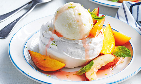 Mini pavlovas with stone fruit and frozen yoghurt