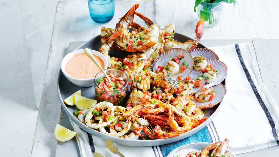 BBQ seafood platter with tabouli dressing