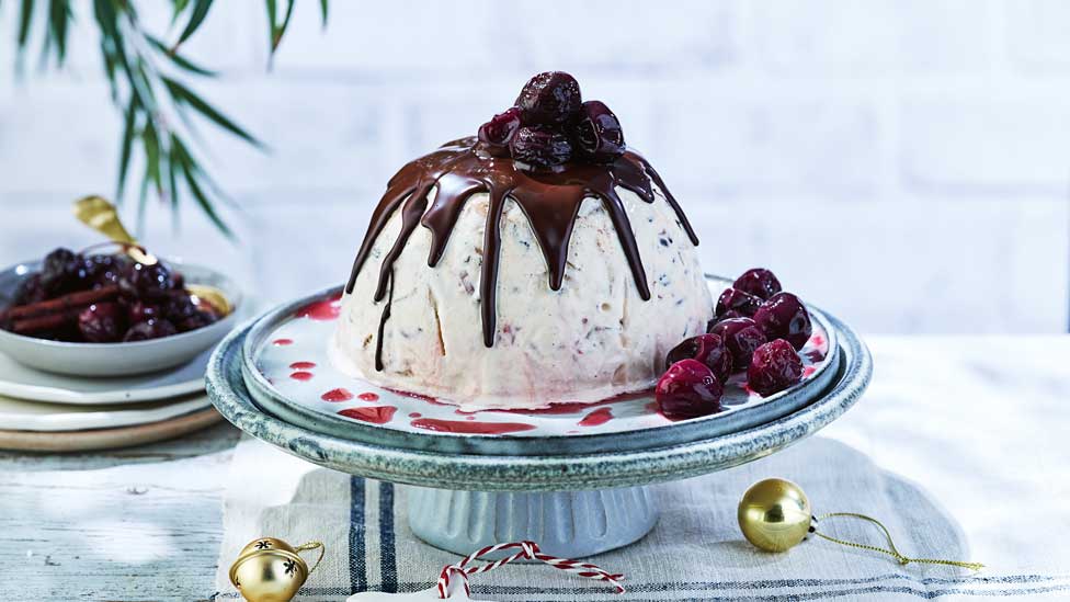 Luke Mangan's ice cream plum pudding with poached cherries