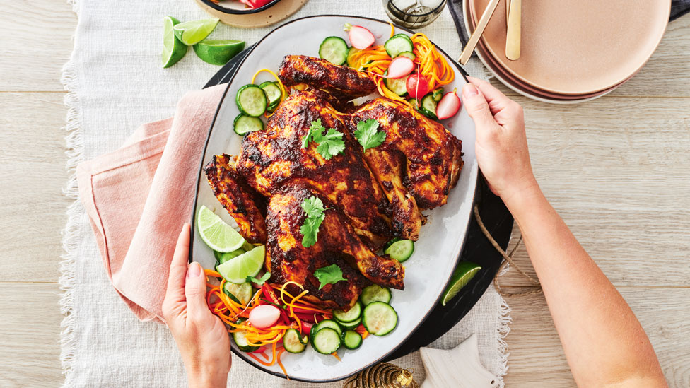 Butterflied roast chicken with chilli and tamarind glaze