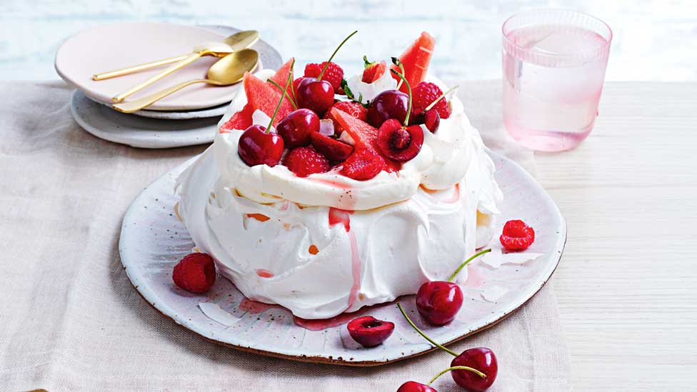 Cherry and coconut summer pavlova 