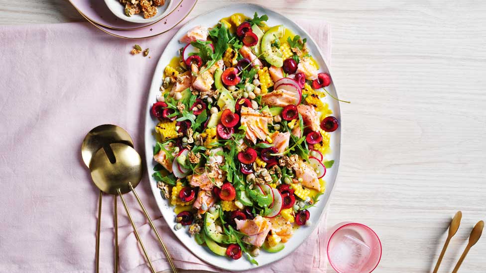 Cherry, avocado and corn salad with salmon