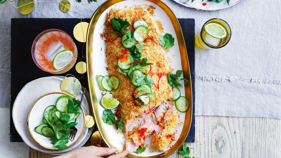Coconut-crumbed salmon with cucumber and chilli 