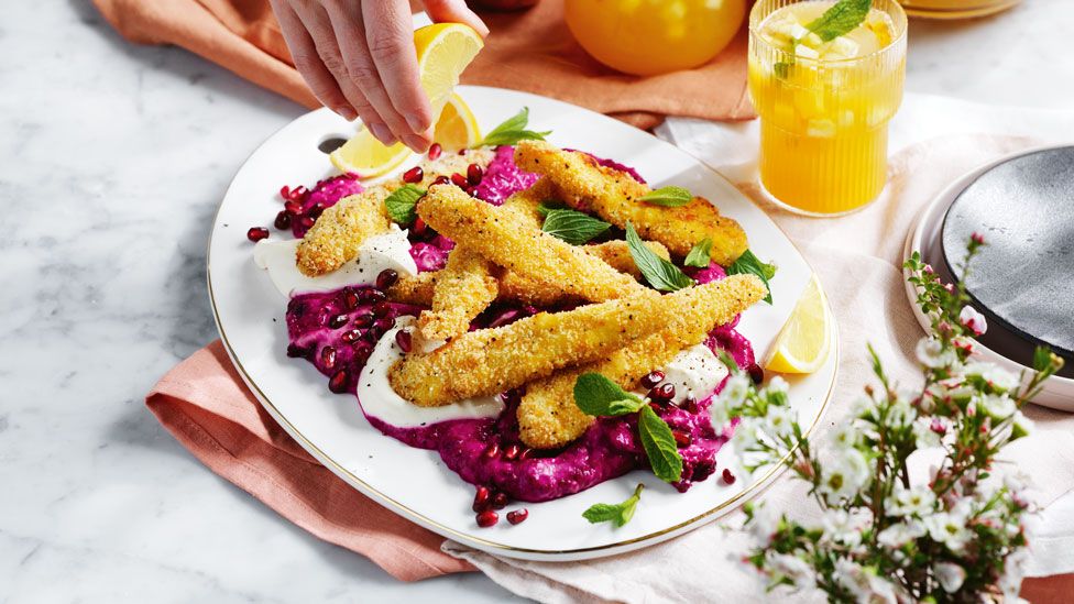 Crumbed chicken tenders with beetroot dip