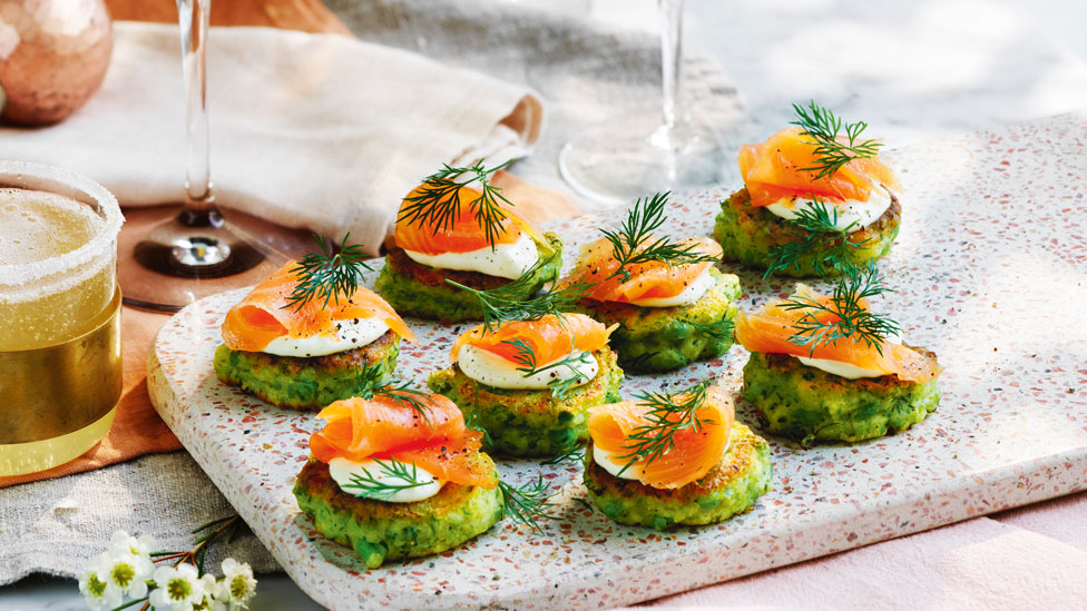 Pea and dill fritters with smoked salmon