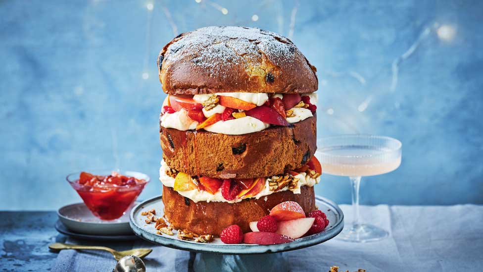 Peach, raspberry and spiced ricotta panettone cake