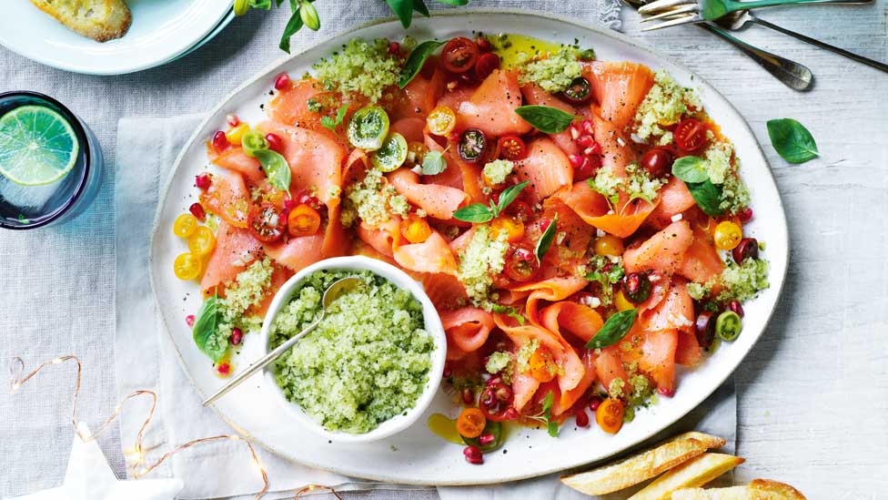 Smoked salmon crudo with lemon and basil granita