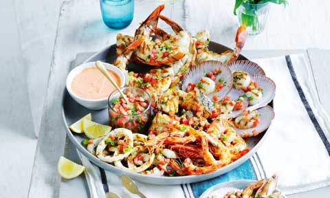 BBQ seafood platter with tabouli dressing