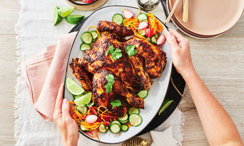 Butterflied roast chicken with chilli and tamarind glaze