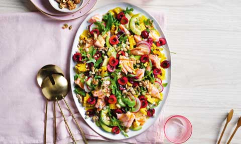 Cherry, avocado and corn salad with salmon