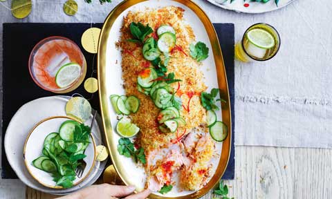 Coconut-crumbed salmon with cucumber and chilli