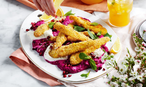 Crumbed chicken tenders with beetroot dip