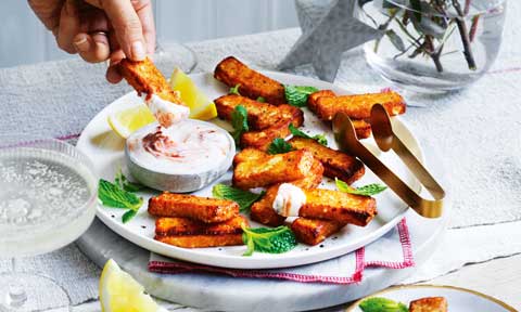 Halloumi chips with harissa yoghurt dip