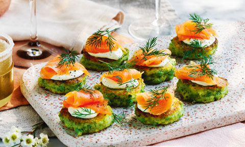 Pea and dill fritters with smoked salmon