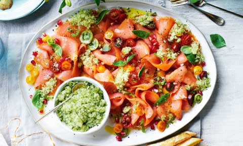 Smoked salmon crudo with lemon and basil granita