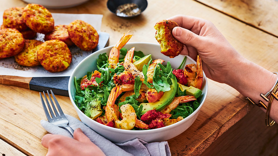 Corn fritters with chargrilled prawn salad