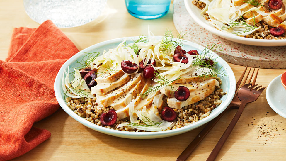 Chicken grain salad with cherries and fennel