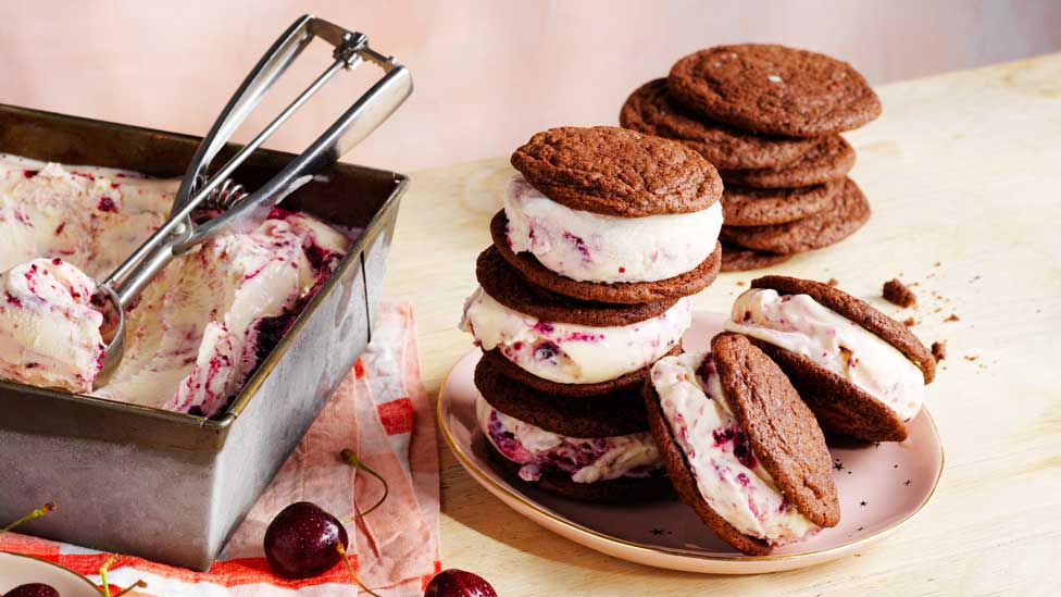 Chocolate brownie cookie cherry ice cream sandwiches