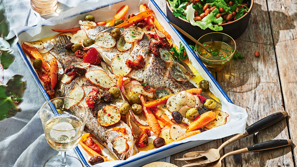 Maria’s whole baked barramundi with bean salad