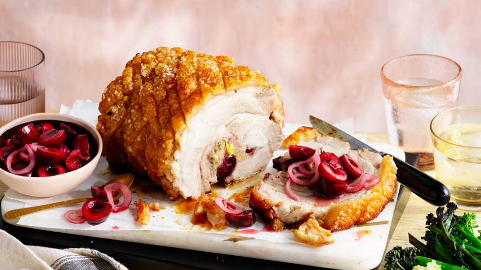 Roast pork with cherry, sage and pistachio stuffing