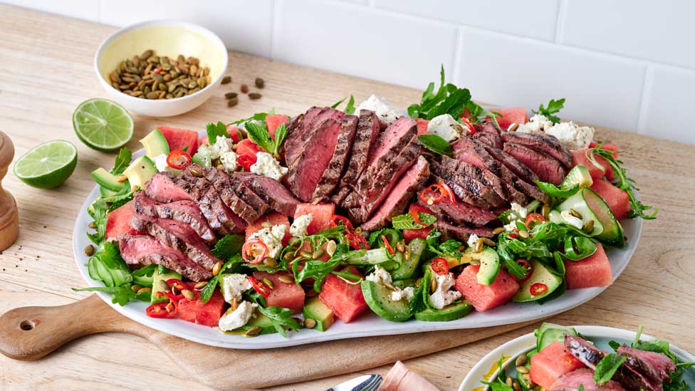 Steak with summer watermelon salad