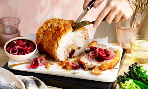 Roast pork with cherry, sage and pistachio stuffing