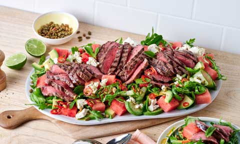 Steak with summer watermelon salad